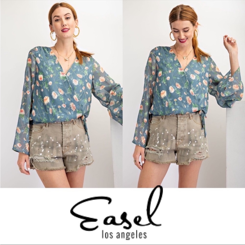 Easel | Camille Long Sleeve Floral Print Chiffon Surplice Bell Sleeve Blouse M